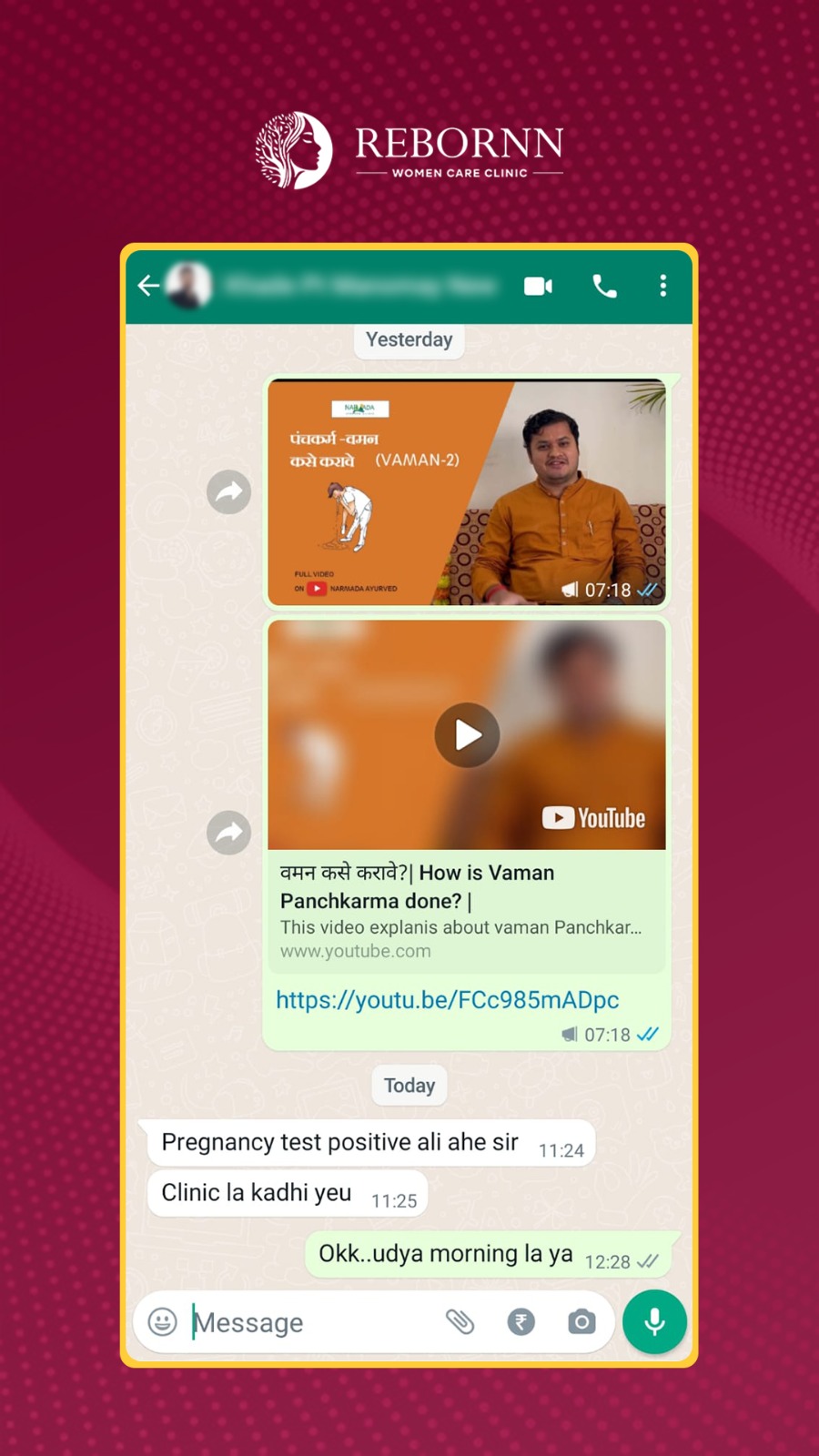 Patient sharing pregnancy news on WhatsApp