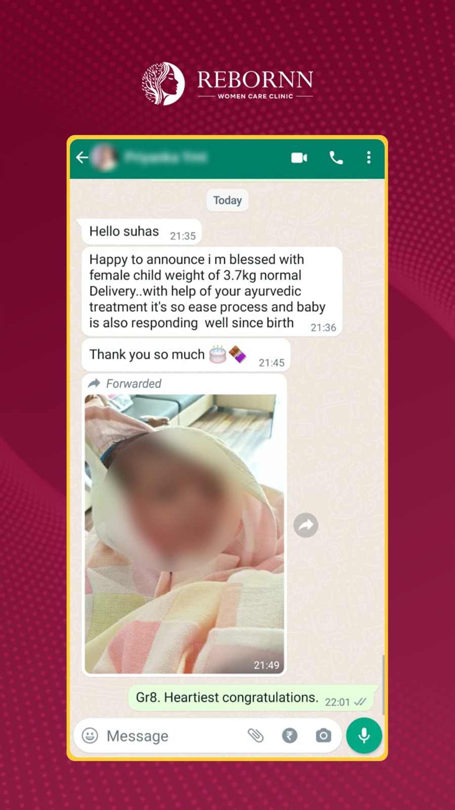 Patient thanking doctor for successful delivery on WhatsApp